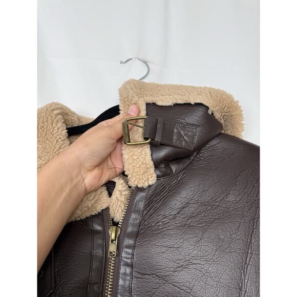En Crème Women's Faux Leather Sherpa Aviator Jacket Brown & Tan Size L - Picture 7 of 11